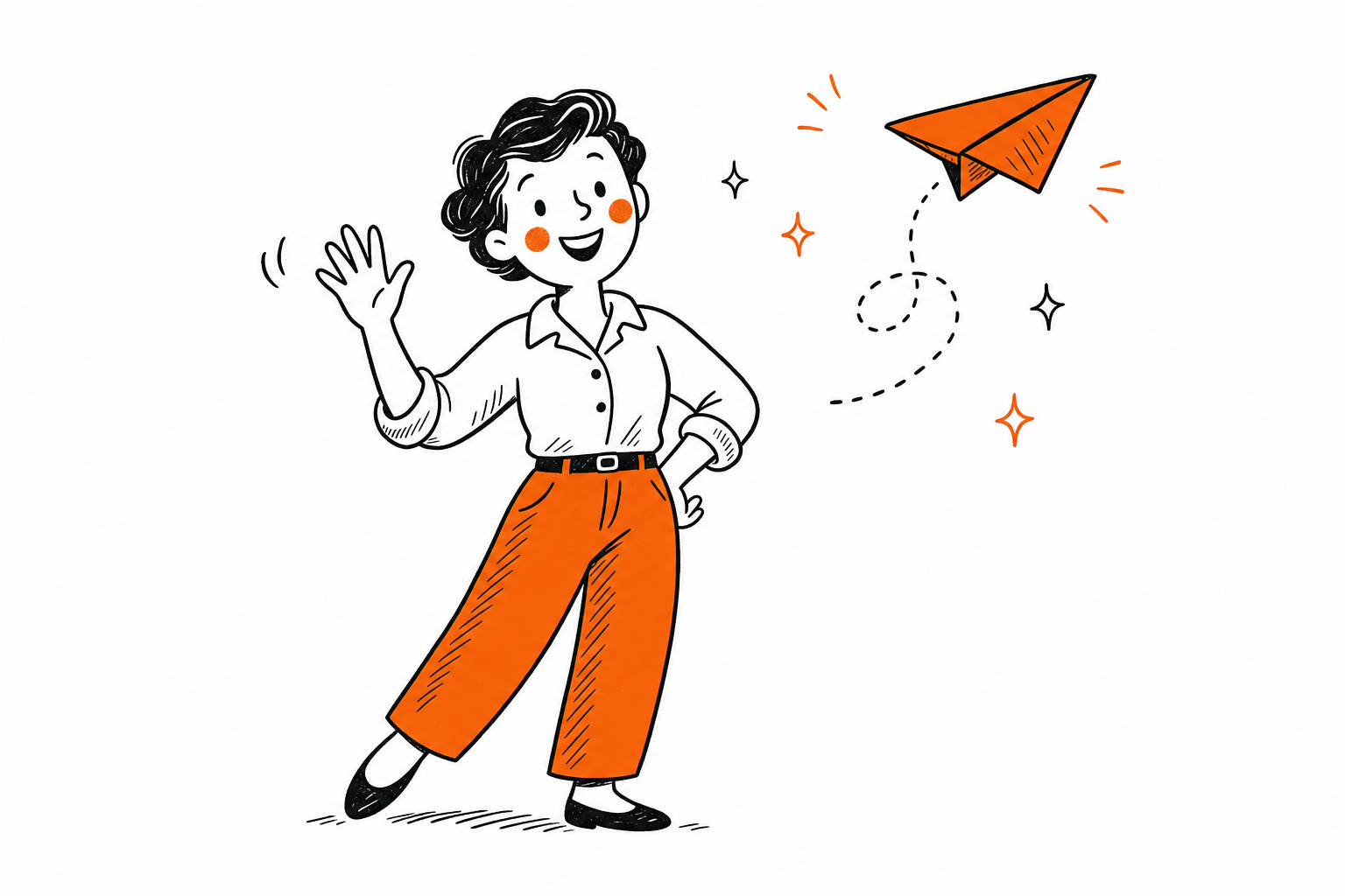 A cheerful person waving as their digital business card flies off like a paper plane