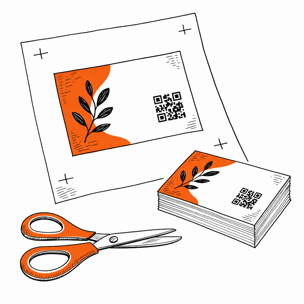A printed business card with crop marks beside a stack of finished cards