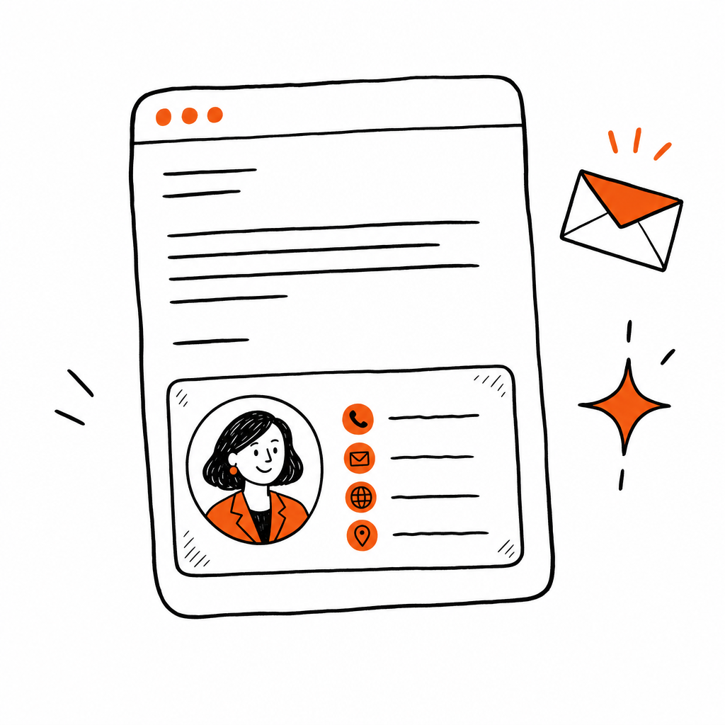 An email window with a business card signature at its foot