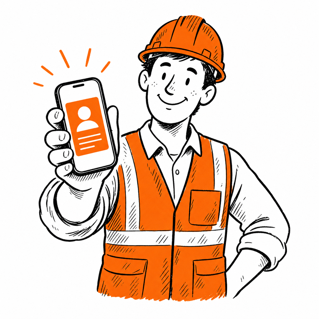 A field worker in a hard hat sharing a business card on a phone