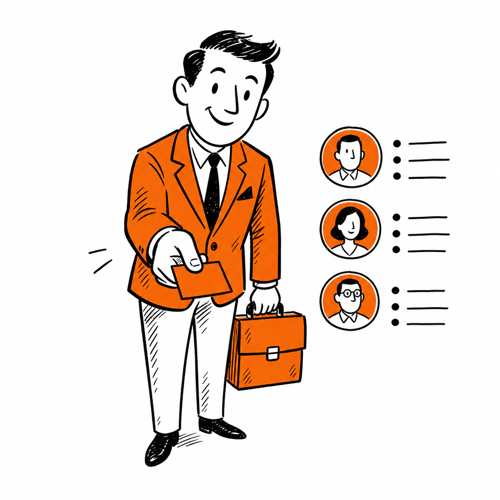 A salesperson with a briefcase handing over a business card
